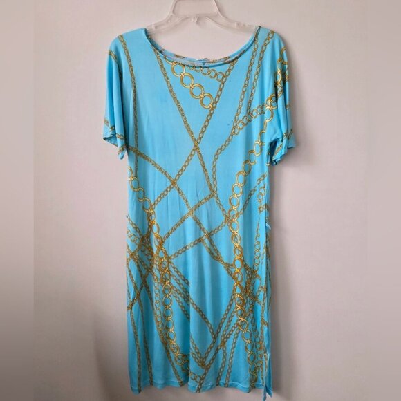 MARYAN MEHLHORN | Beach Dress Blue Gold Chains Sz 12 - Picture 1 of 6